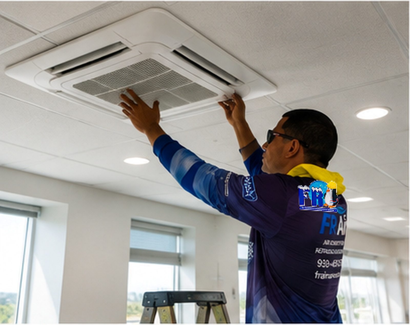 An FR Air technician fitting a newly installed ceiling cassette