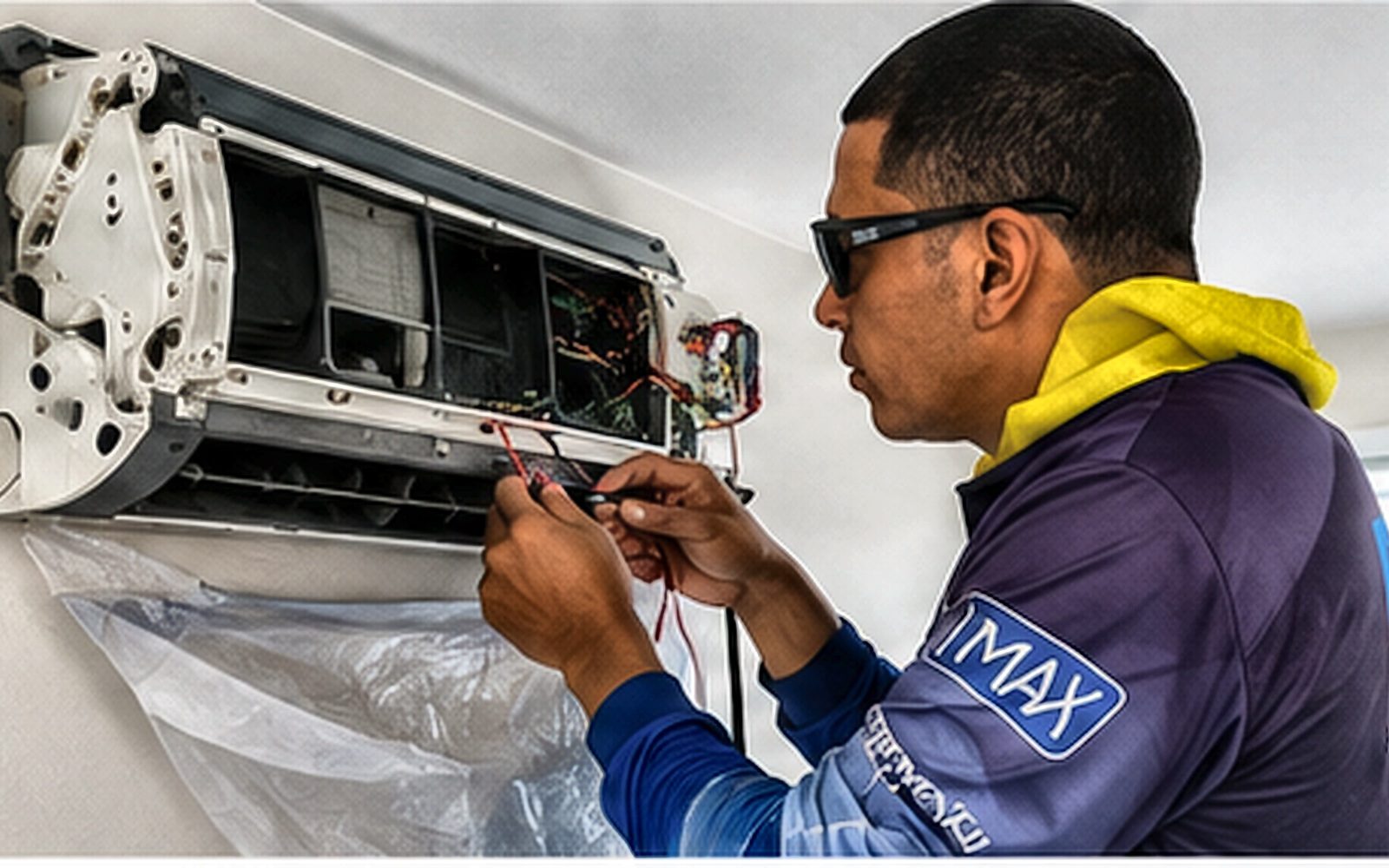 An FR Air technician testing a mini-split control board with a multimeter