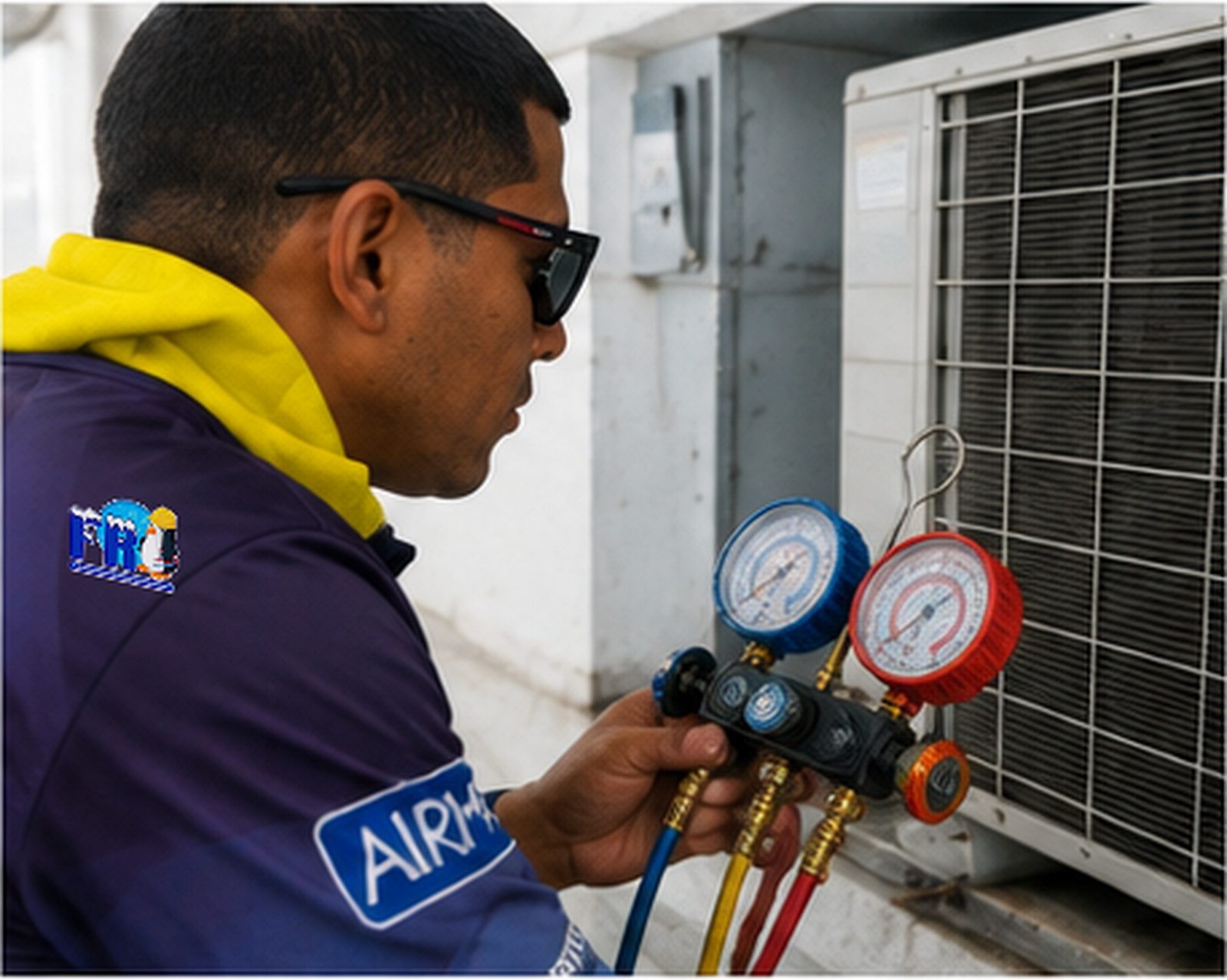 FR Air technician checking refrigerant pressures on a condenser