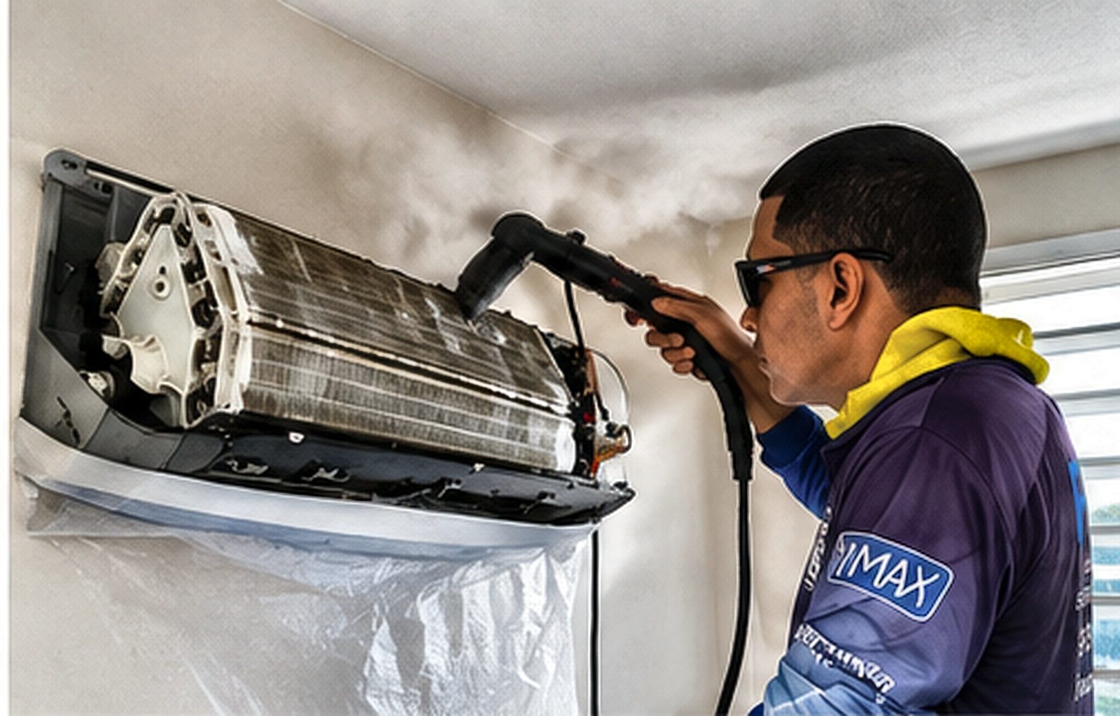 Pressure-washing a mini-split coil during a deep service