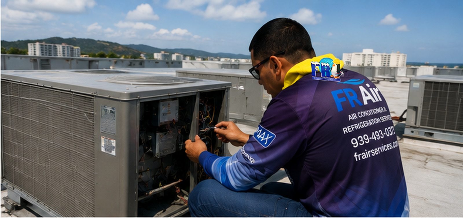 FR Air technician servicing a rooftop commercial unit
